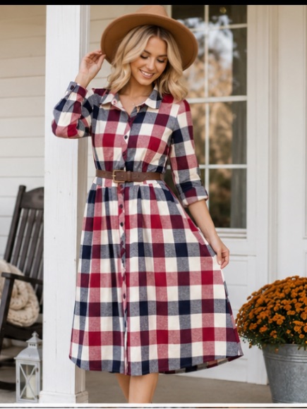 Modcloth Plaid Shirt Dress Medium Red Blue Cotton Button Front Cottagecore